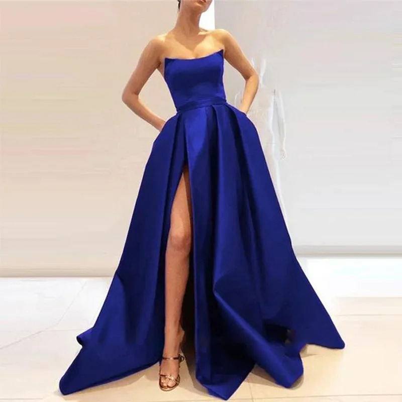 Solid Color High Slit Lady Fashion Off Shoulder Pleated Evening Dresses long dress wedding evening dress