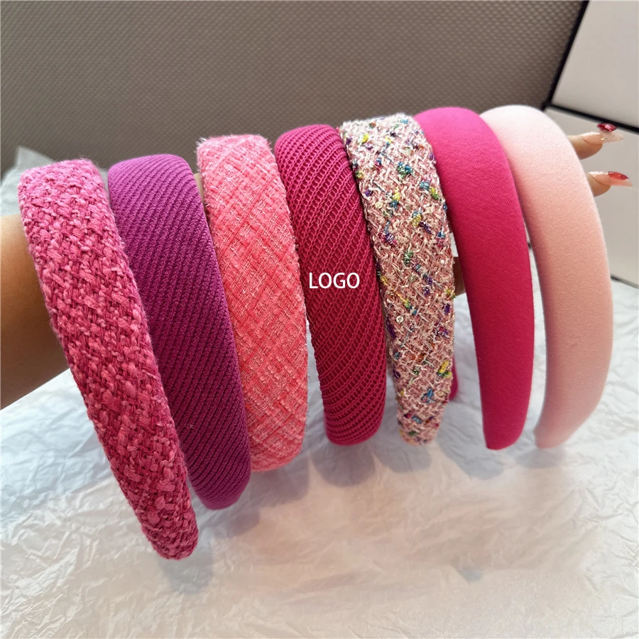 Catalog Famous Luxury Brand Designer Accessories Women Girls Wide Sponge Padded Hairband Thick Winter Tweed Fabric Pink Headband