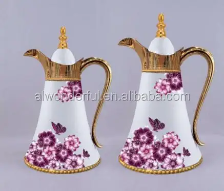 2024 decorative golden arabic flasks vacuum with porcelain tea cup sets 0.7L&1.0L