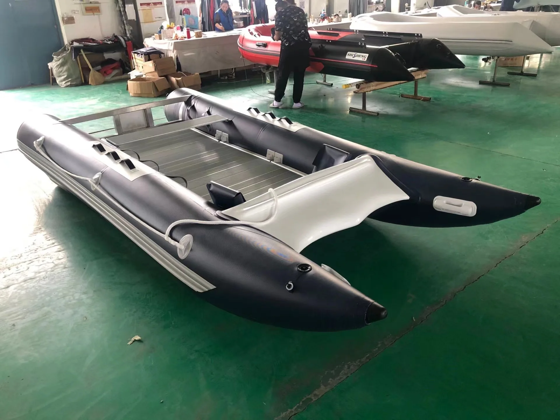 Customized Color Hypalon Inflatable Catamaran Boat with Air Deck and Motor Engine for Sale