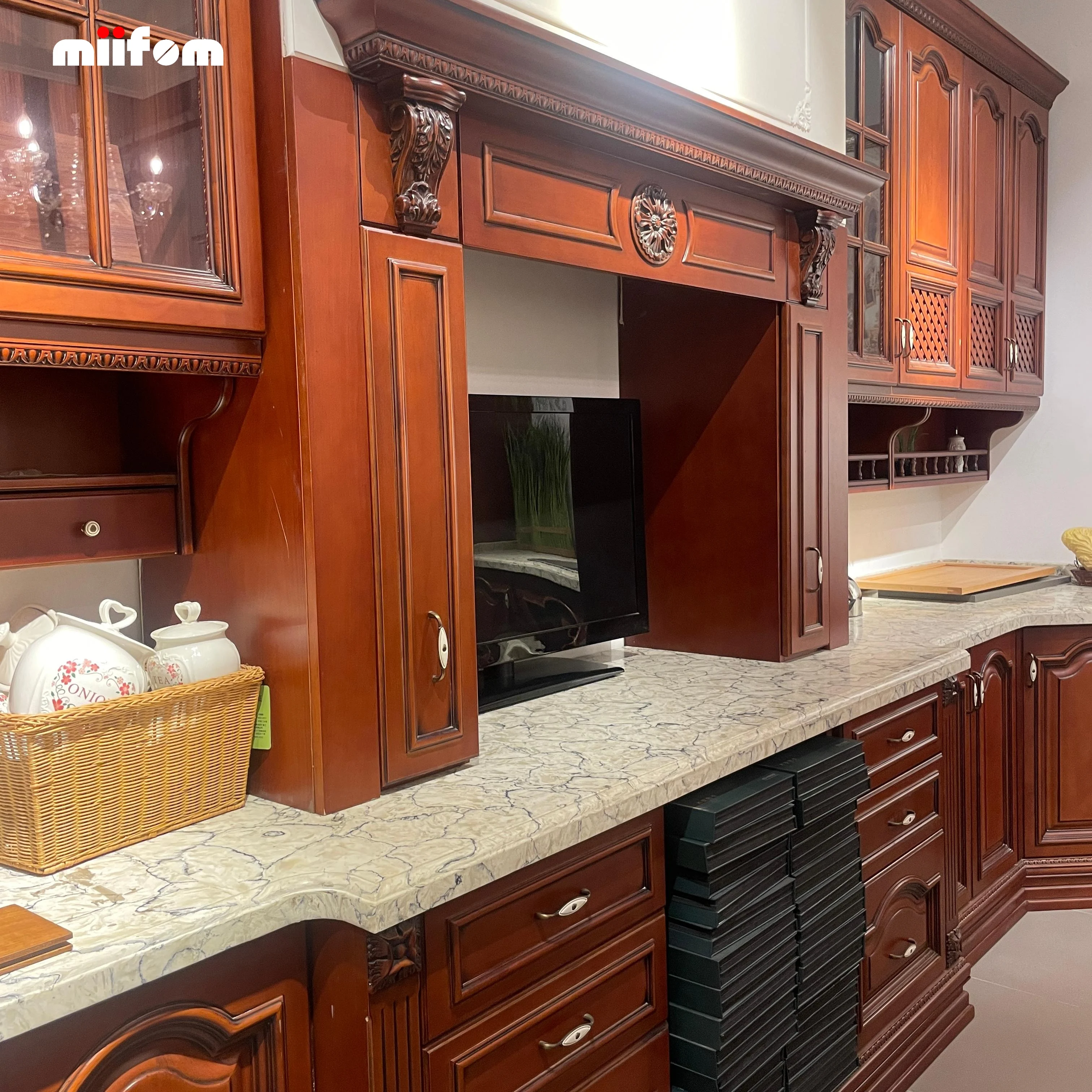 Vintage style red solid wood painted furniture, kitchen cabinets with irregular arcs