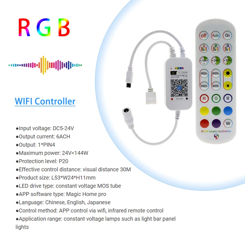 WiFi Smart LED Music Syncs Controller - DC 5V/12V/24V, 6A, 3-Channel RGB PWM Dimmer, 1-4 Port Output, 4-Pin, 24-Key IR Remote