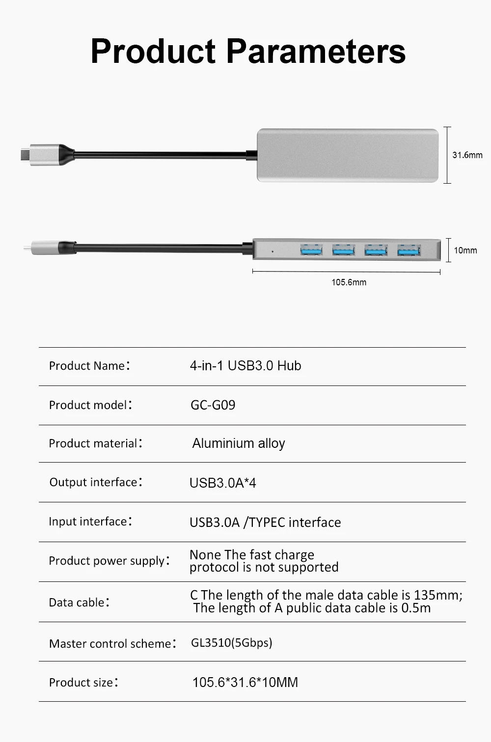 Guanchen 4 Ports USB 3.0 Hub Ultra Slim Data USB Hub for MacBook Mac Pro Mac mini iMac Surface Pro XPS PC Mobile HDD