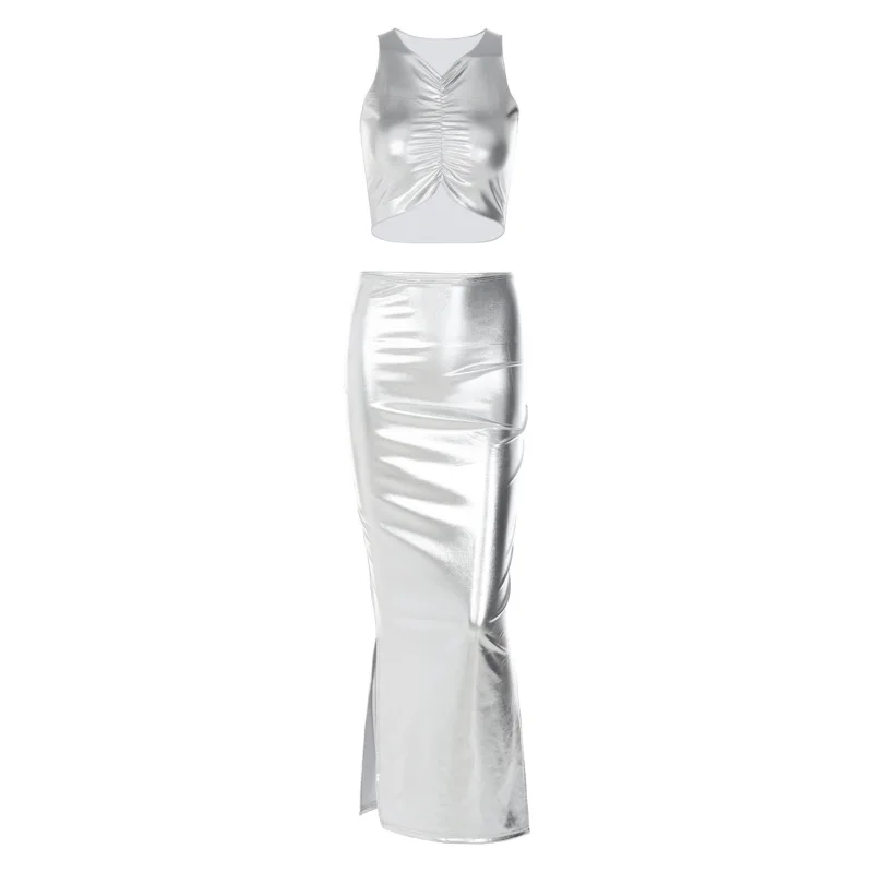 Trending Products 2023 Summer Women Sexy Pu Faux Leather 2 Piece Sleeveless Top Side Slit Midi Skirt Set