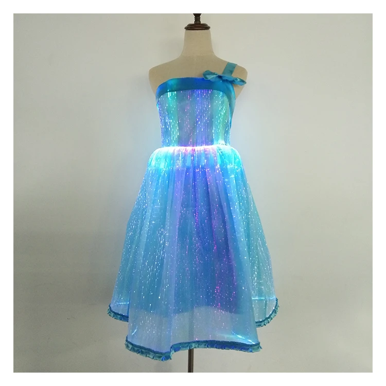 blue 3 color changeable chase led fashion luminous glitter fiber optic dress for performance and event party lighting