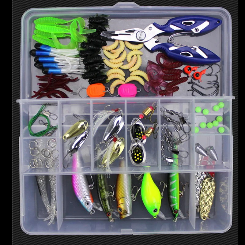 103pcs fishing tackle gear artificial crankbait minnow popper vib hard and soft fishing lure set bait kit