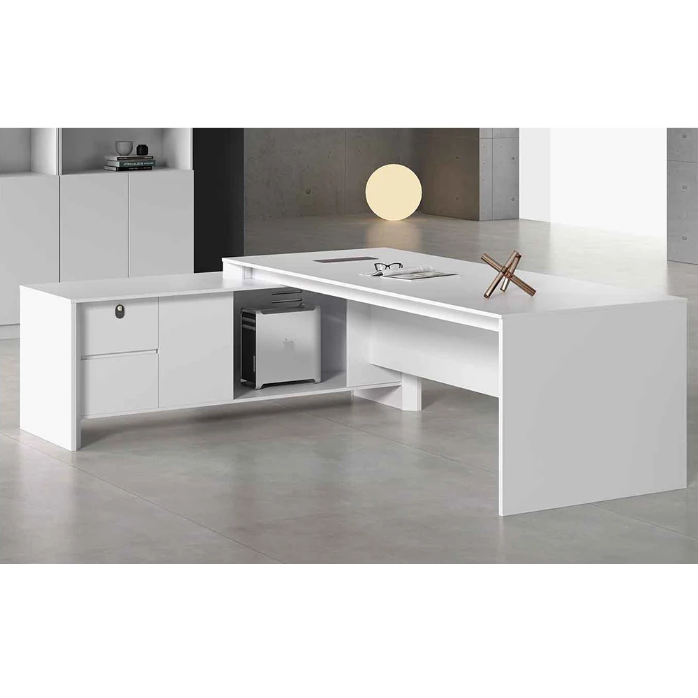 Modern Panel Wood Style L-Shape White Color Executive Office Desk Furniture for Director/Manager/CEO