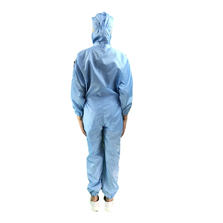 
5mm Stripe Blue Reusable Washable Custom Cleanroom ESD Clothing Hooded Anti-Static Coveralls 