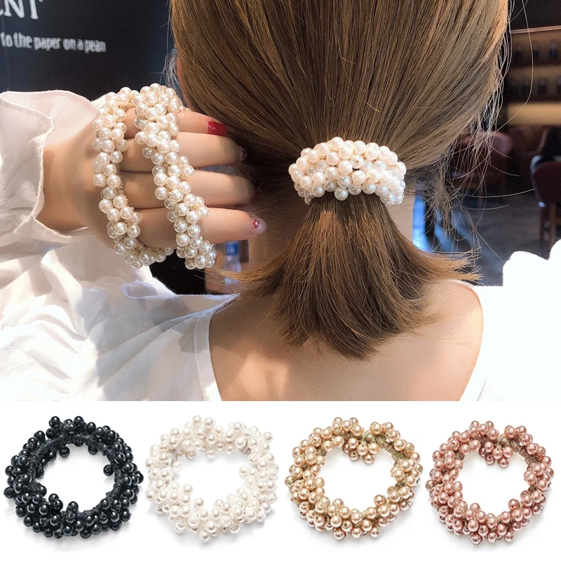 14 Colors Woman Elegant Pearl Hair Ties Beads Girls Scrunchies Rubber Bands Ponytail Holders Hair Accessories Elastic Hair Band