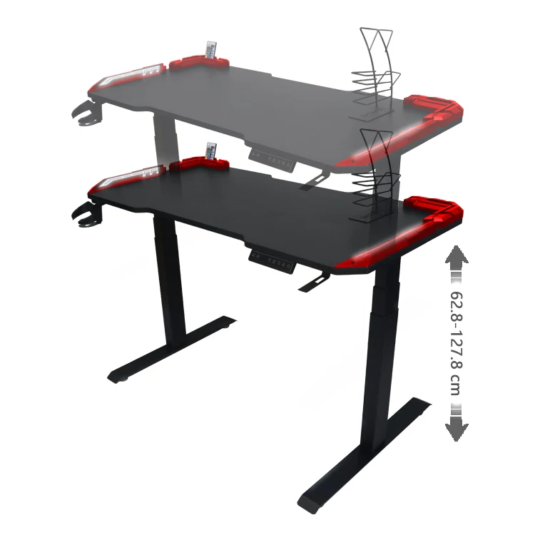 Ergonomic Height Adjustable Gaming Table With LED Light Black E-sports Game Desk With Cup Holder Computer Electric Standing Desk