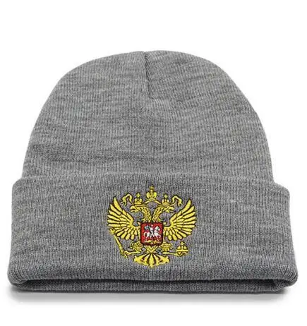 Popular Russia National Emblem Badge Embroidery Knitted Hat Sleeve Cap Autumn Winter Warm Hat Cold Beanie