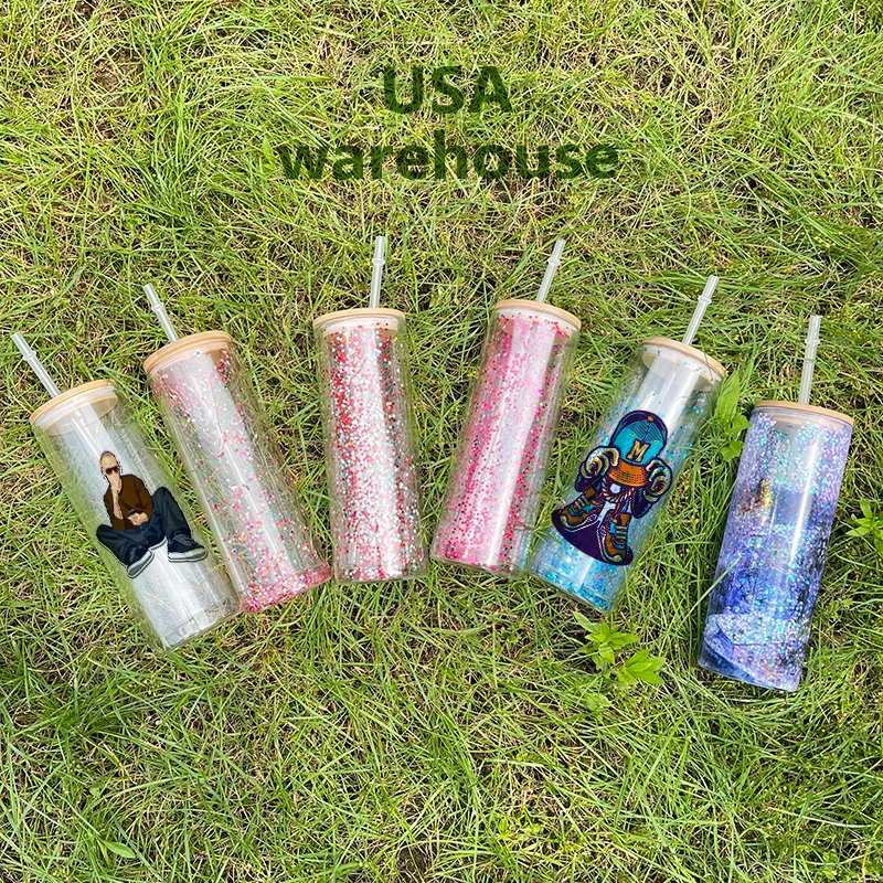 Склад в США 12oz 15oz 20oz предварительно просверленные с двойными стенками ясно прямые снежный шар сублимационная чашка стакан для DIY блестками
