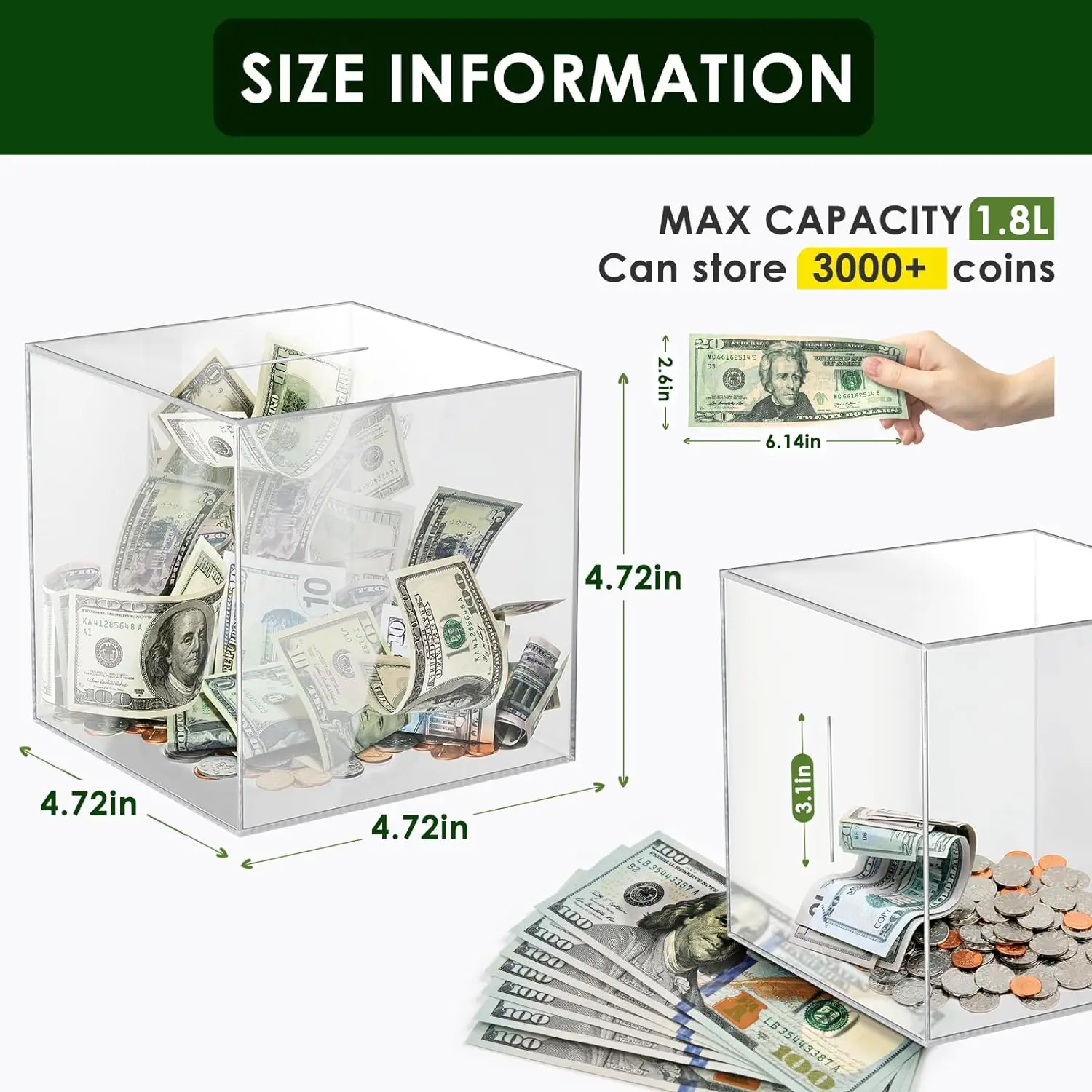 Break to Open Cash Saving Coin Change Jar Clear Piggy Bank Money Saving Box Acrylic Piggy Bank for Kids Adults