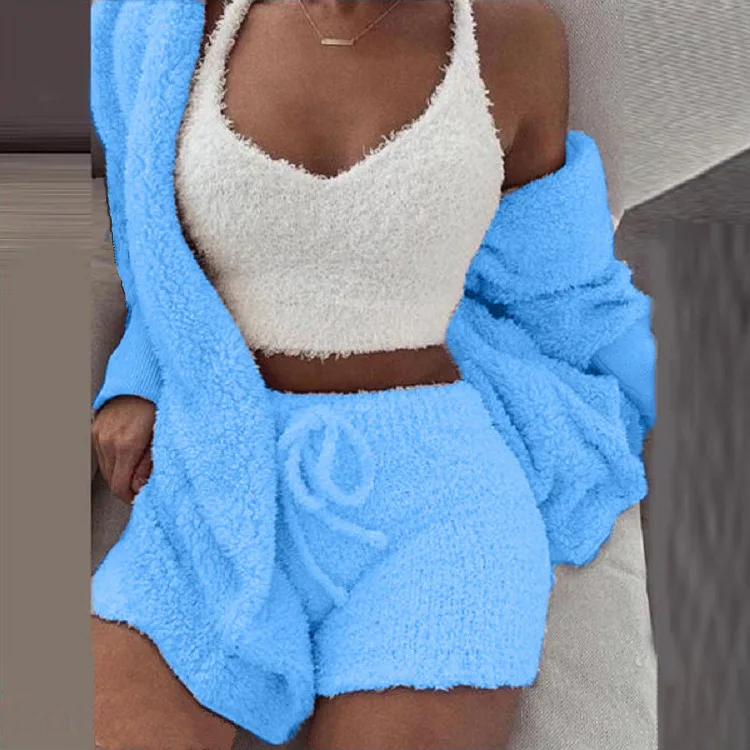 Winter Plush Home Casual Three Piece Pyjamas for Women Set Long Sleeve Crop Vest and Shorts Sets