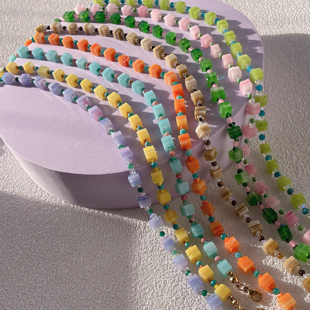 New Natural Stone Necklace Hypoallergenic Stainless Steel 18K Gold Plated Colorful Cube Sugar Crystal Bead Bracelet For Women
