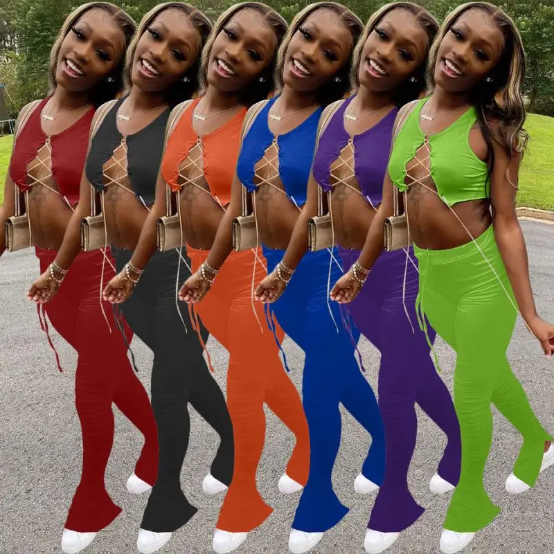 
X00257L 2020 Hot style women two-piece sets+ chain with pleated and forked 6-color micro horn set 