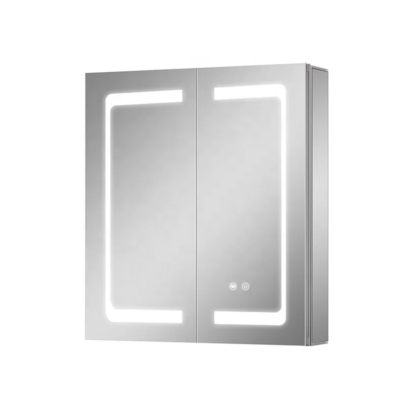 Современный Настенный алюминиевый каркас для ванной комнаты с двойными дверями стеклянный зеркальный шкаф со светодиодными лампами