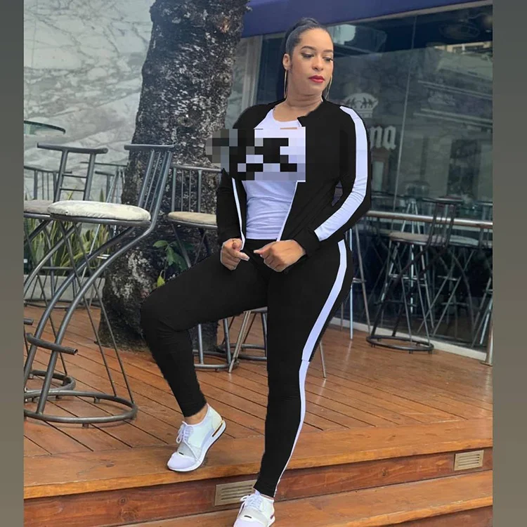 Plus Size S-2XL Women Zipper Striped Top Slit Pants Casual Jogger Outfit Women Three Piece Set