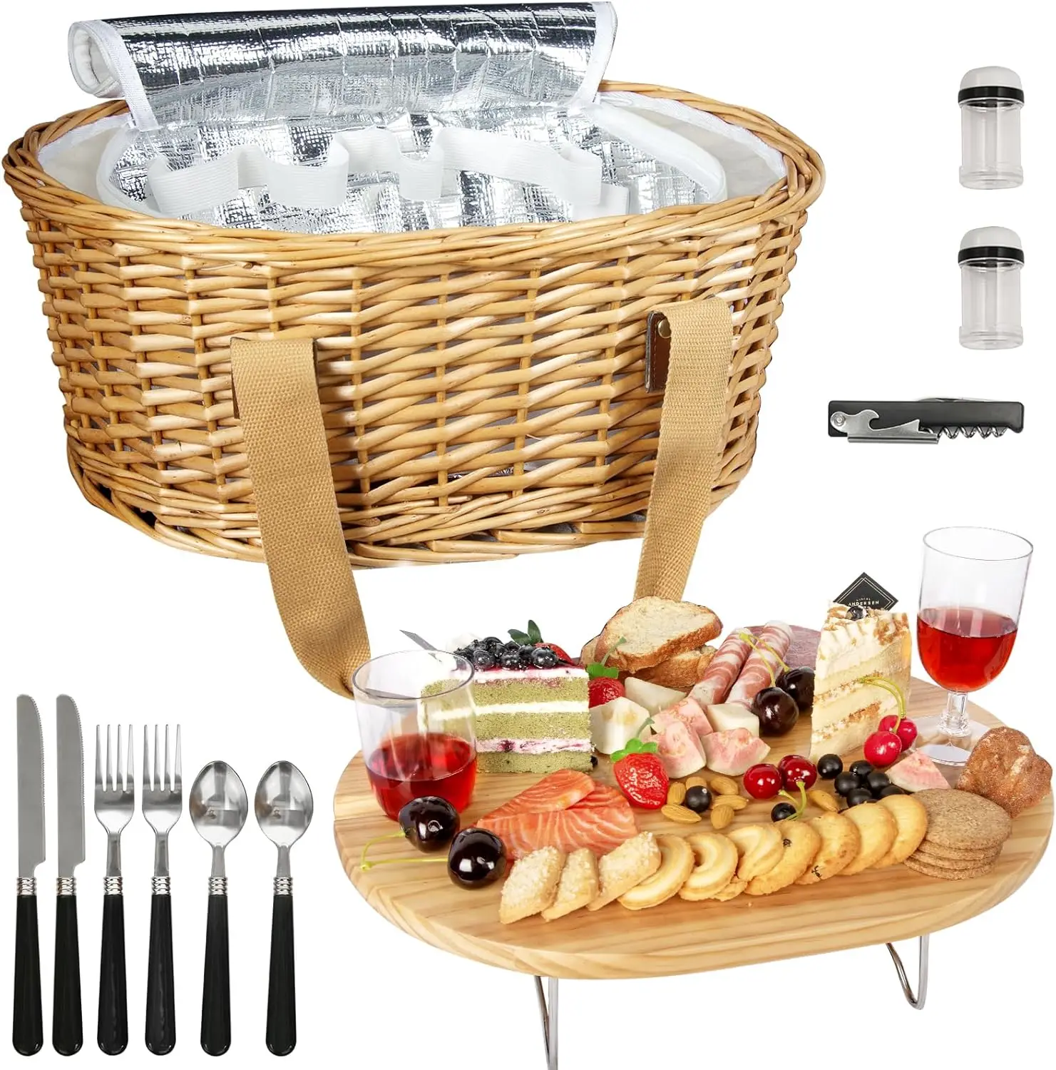Wicker Picnic Basket Set for 2 with Folding Wine Picnic Table & Large Insulated Cooler Bag & Cutlery Service Kits for 2 Person