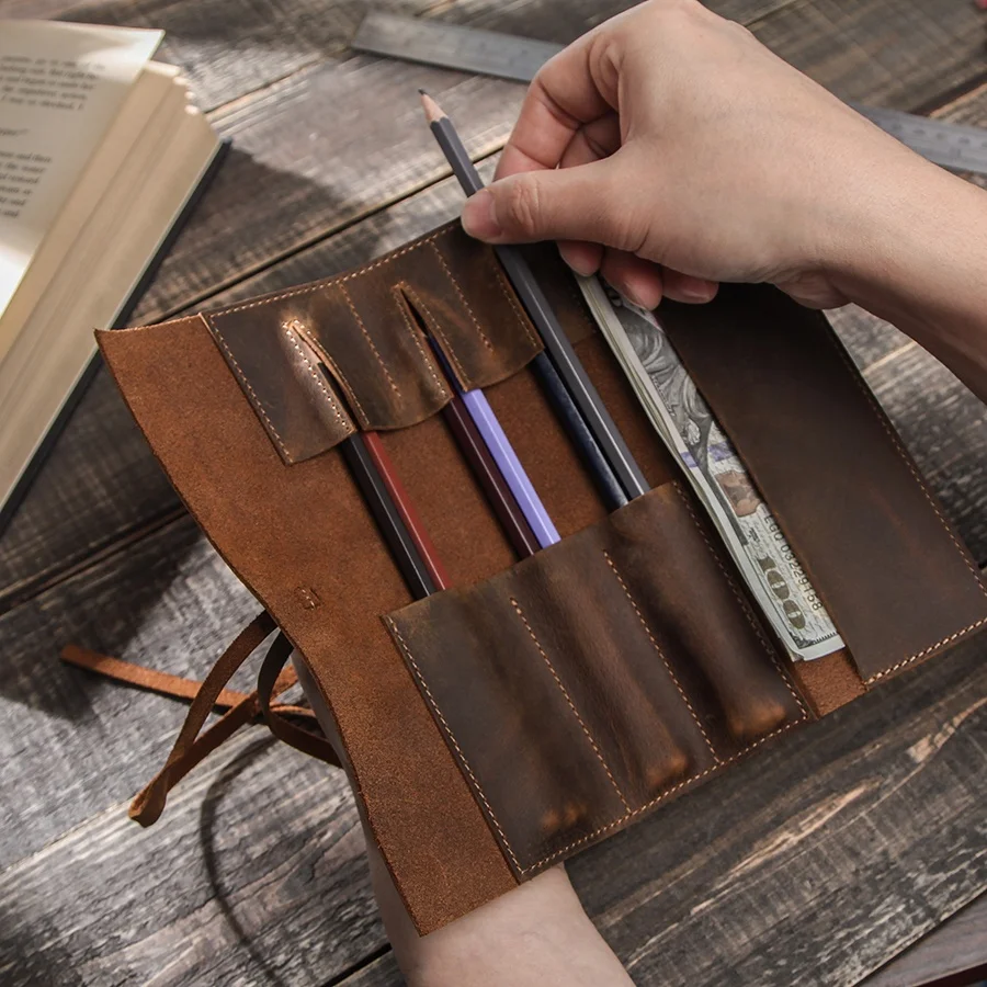 Школьные принадлежности из натуральной кожи винтажная роскошная сумка-карандаш в рулоне пенал сумка для хранения держатель мальчиков и девочек студенческие канцелярские