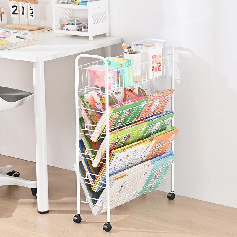 WIREKING 5 Tier Mobile Book Rack Shelf Magazine Storage Holders Racks Multifunction Metal Organisation Book Holder