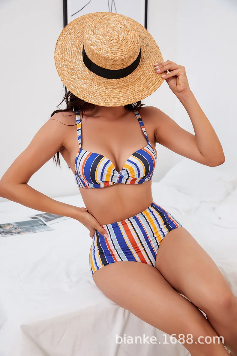 High Quality Wholesale Designer Swimwear Plaid Print Swimsuit Push Up Bikini Women High Waist Swimwear