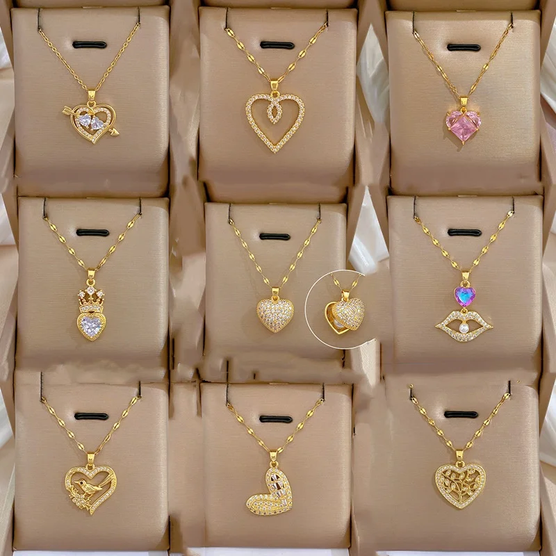 Fashion Stainless Steel Love Heart Pendant Necklace Luxury Women Shiny Cz Tree Of Life Necklace Jewelry