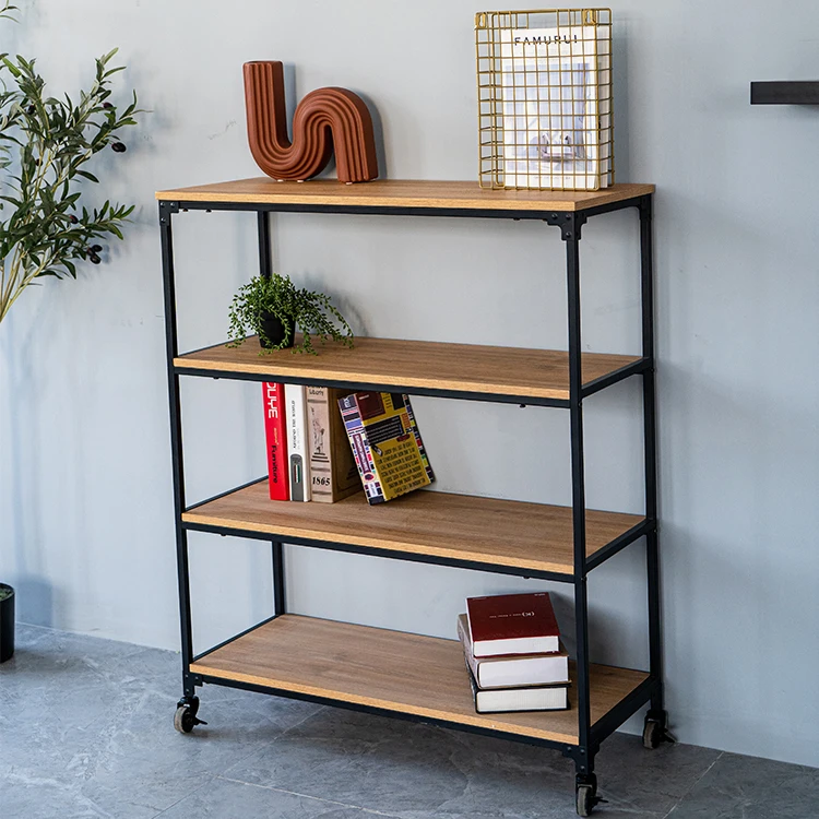 Storage 4-Tier Factory Buff Wooden Bookcase Book Shelves Bookshelf With Wheel