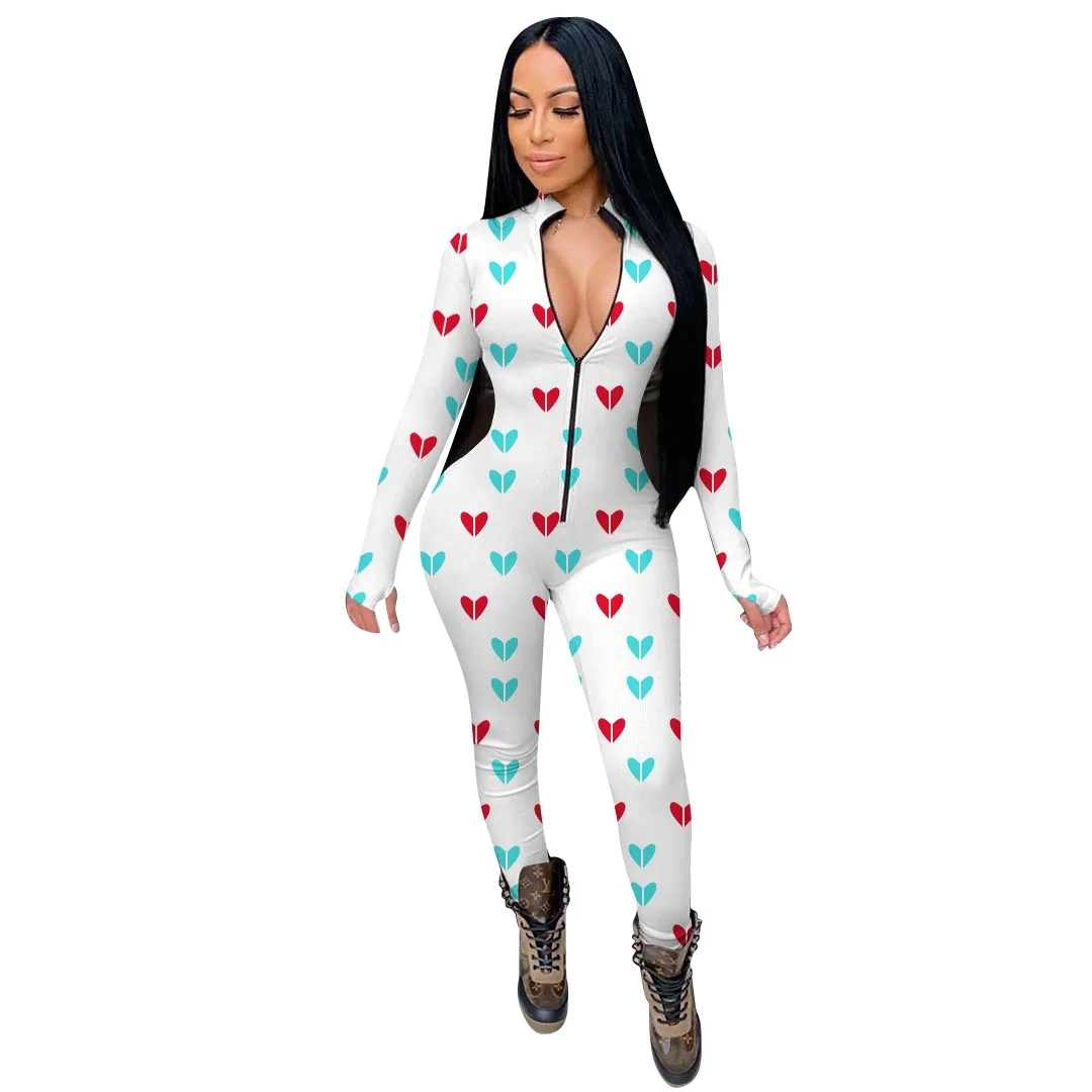 Wholesale Valentine Romper Women Long Sleeve Sexy Zipper Up Bodycon Jumpsuit Pajamas San Valentine Onesie
