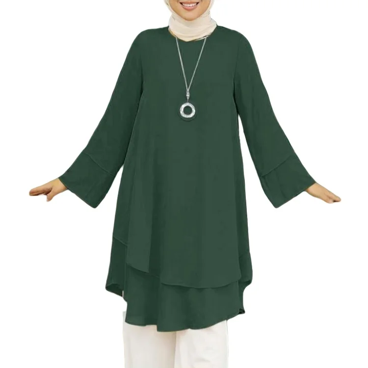 New two-layer design shirt round neck Solid color elegant Holiday party top Turkish Malay Indonesian Muslim Toga robe abaya