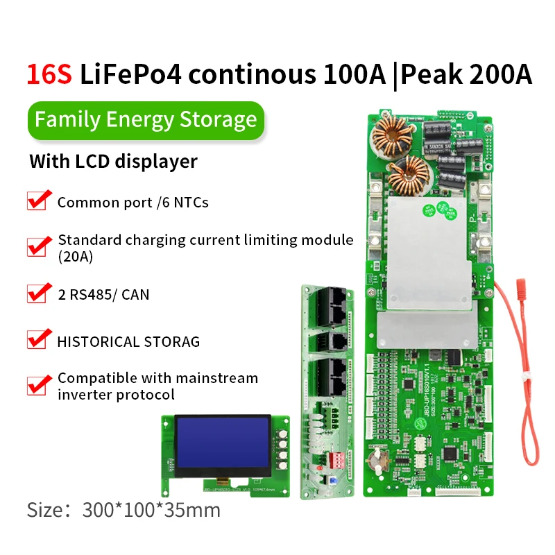 JiaBaiDa ESS smart bms 15s li-ion 16s 48V  100a 200a energy storage lifepo4 battery bms RS485/CAN/buzzer/LCD