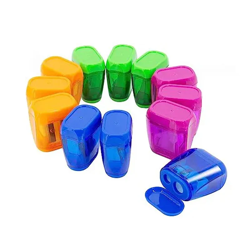 Wholesale 2-Hole 4 Colors Mini School Pencil Sharpener Custom Dual Holes Small Manual Pencil Sharpener with Lid for Kids School
