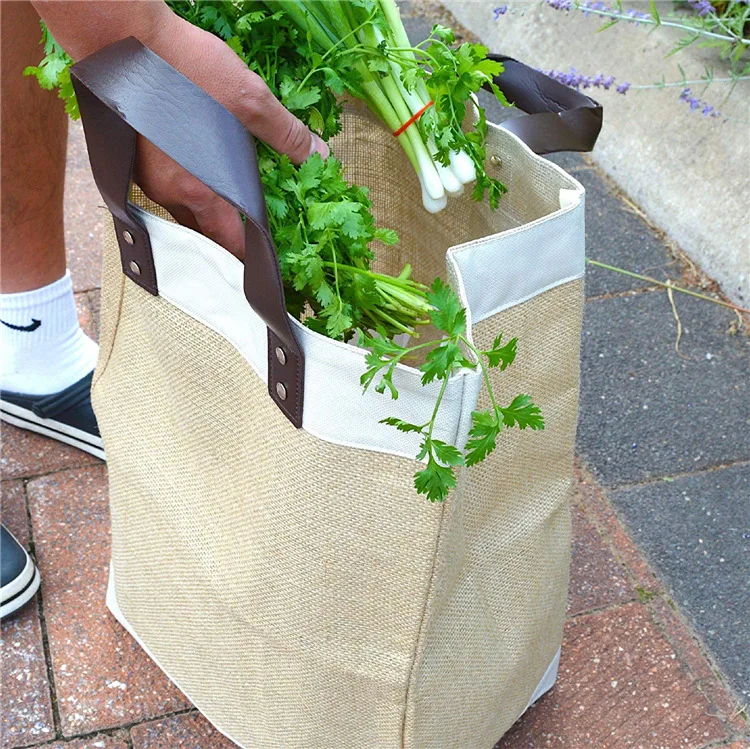 custom logo natural reusable burlap laminated shopping wholesaler jute burlap tote beach bag with leather bamboo handle