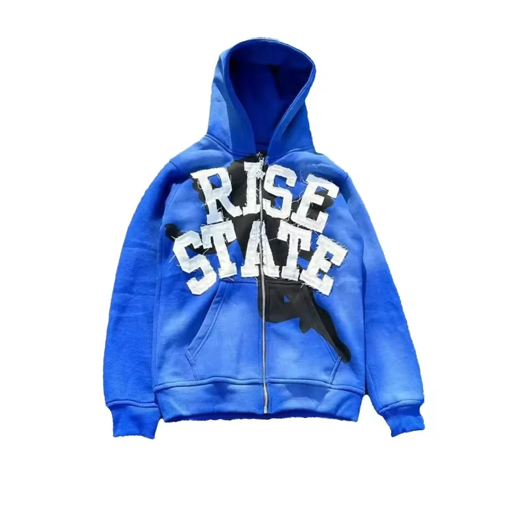 Rainbow Spray Custom LOGO Patch Embroidery Faded French Terry Distressed Embroidered Zip Up Acid Wash Hoodie