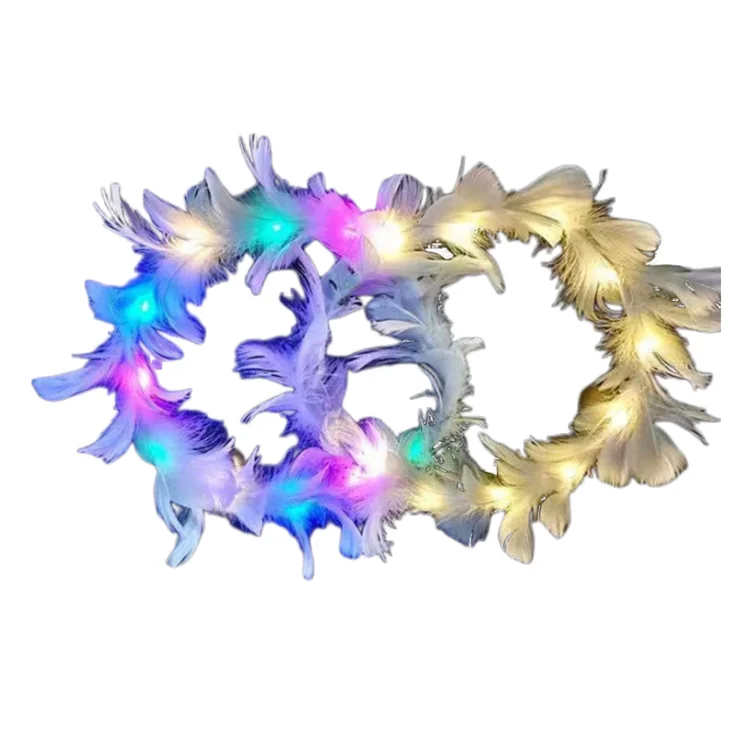 Fashion new bridal wedding decorations Led flashing crown angle girls hair accessories led feather flower headband