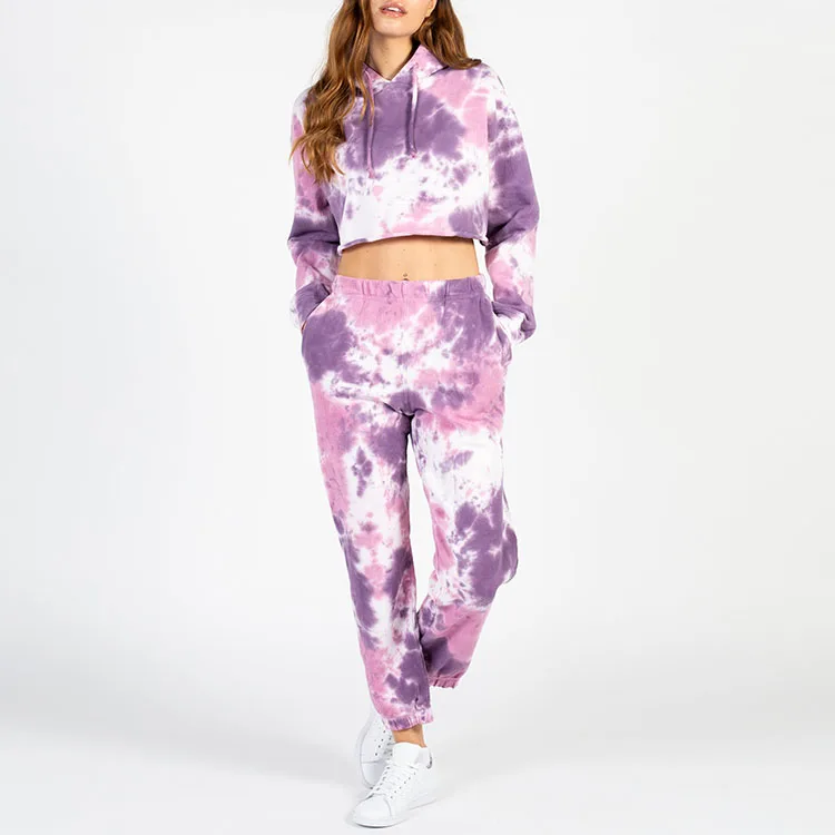 Custom Tie Dye Hip Hop Sports Street Dance Tracksuit Fashion Style Oversized Fit Crop Hoodie Slim Leg Opening Pants Sweatsuit