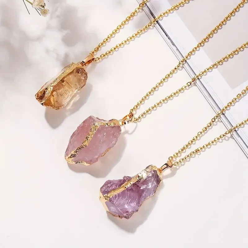 Natural irregular raw stone crystal plating gilt pendant powder crystal topaz diy jewelry women accessories necklace