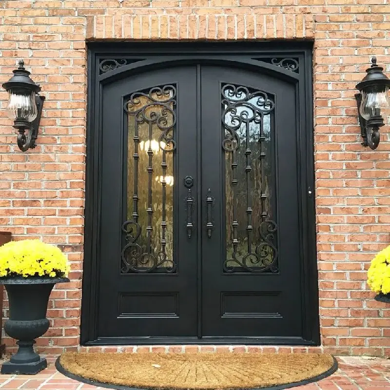 DERCHI European Luxury Style Tempered Glass Exterior Other Main Doors Double Security Front Entry Wrought Iron Doors For Houses