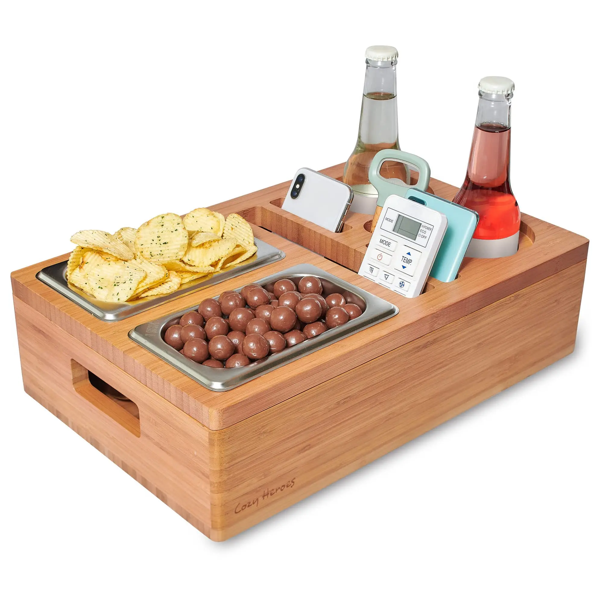 Bamboo Snack Bowl and Tray Caddy with Drink Holders and Remote Control Holder Original Cup Holder Tray for Living Room