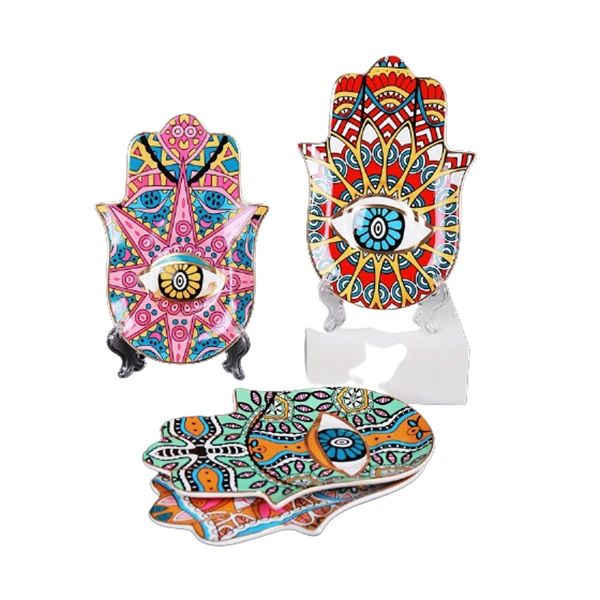 
Wedding Decorative Unique Style Trinket Tray Gold Rim Ceramic Jewelry Dish Plate Hand Shape Jewelry Display Ceramic Trinket Tray 