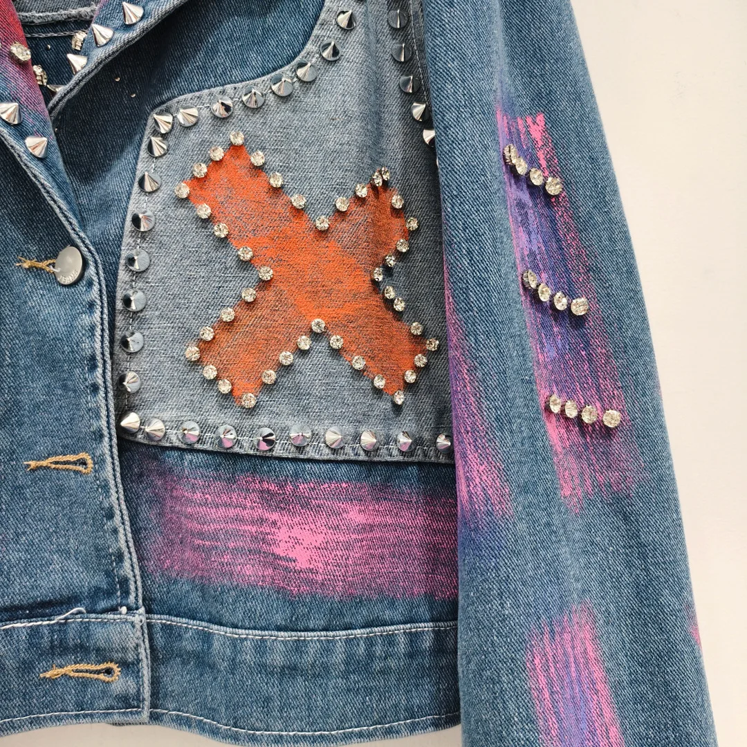 2024 Short Denim Coat for Women Spring Autumn New Beaded High Waist Crystal Jean Jacket Female Slimming Short Denim Jacket