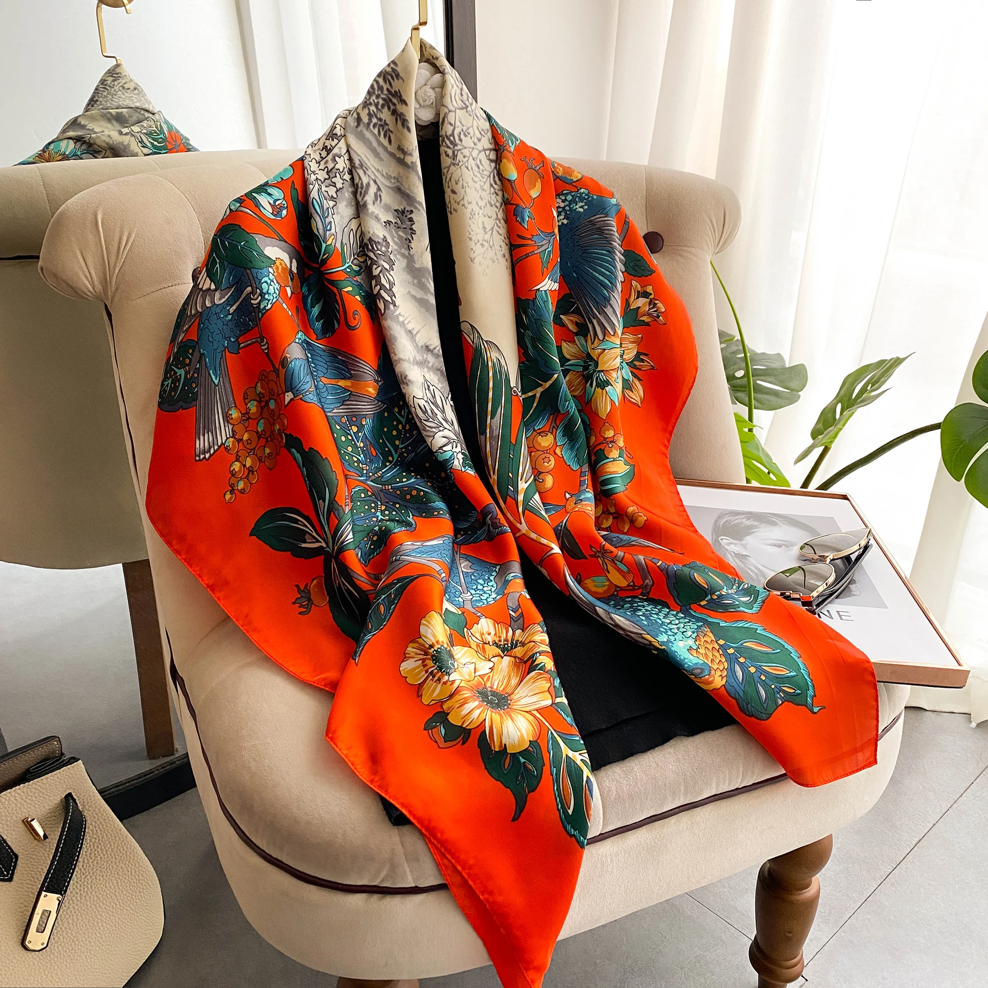 Imitation silk decoration large square scarf shawls plain silk scarf female versatile sunscreen beach towel wholesale
