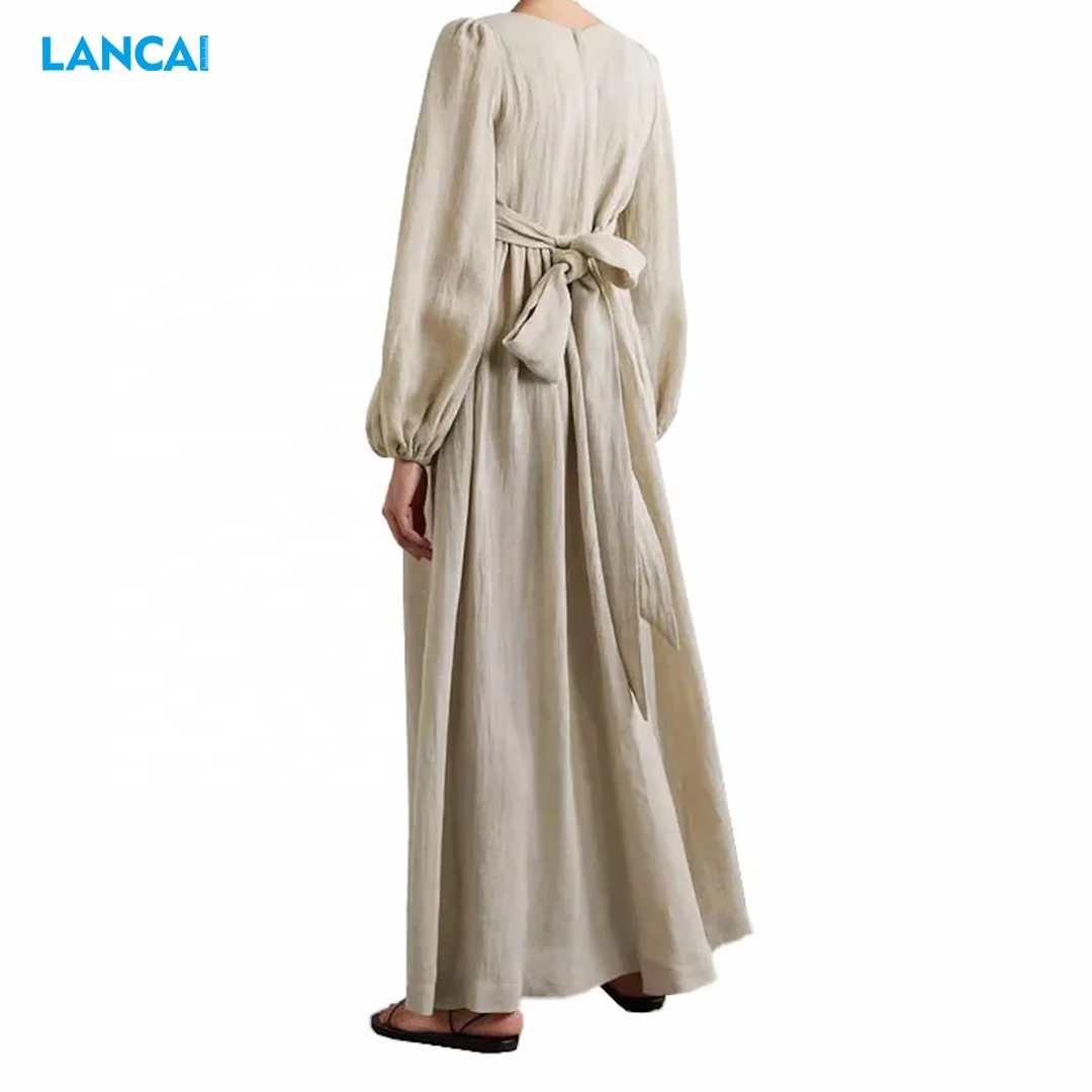Custom Summer Clothing Elegant Vintage V-neck Maxi Ladies Long Sleeve Women Casual Dresses Linen Dress