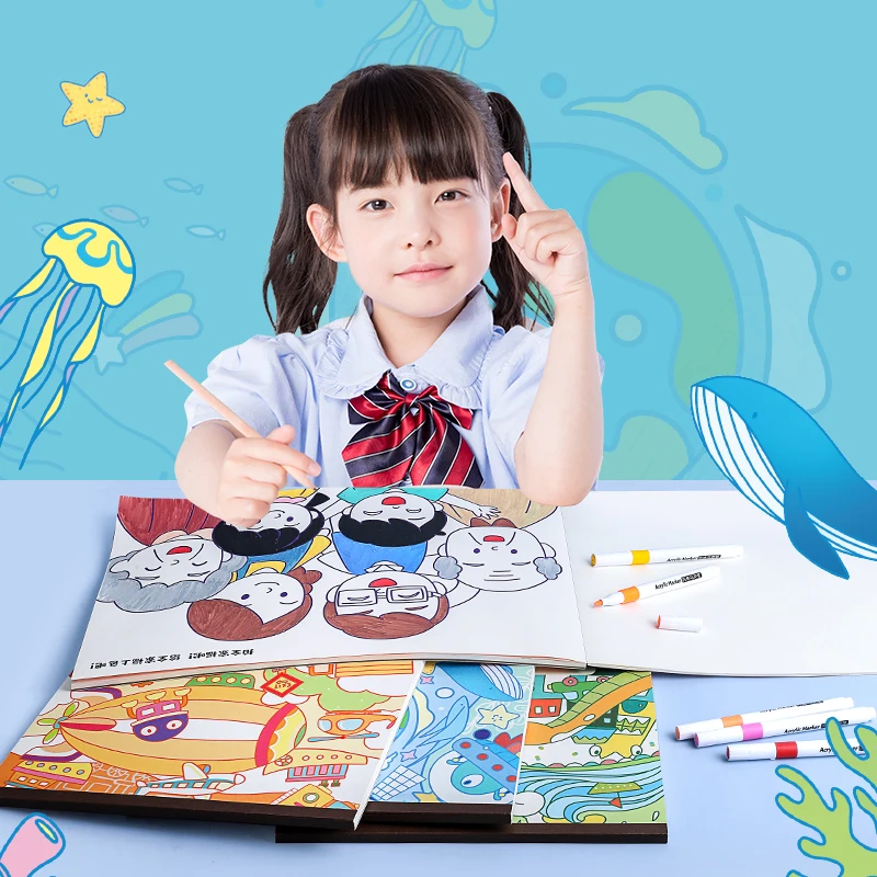 Eco-friendly diy coloring recyclable thick paper with pad kids four kinds water colour painting book