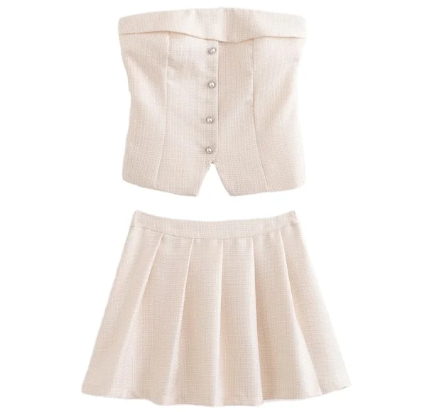 Strapless buttons up beige color tank top zipper fly min pleated skirt women casual 2 piece set