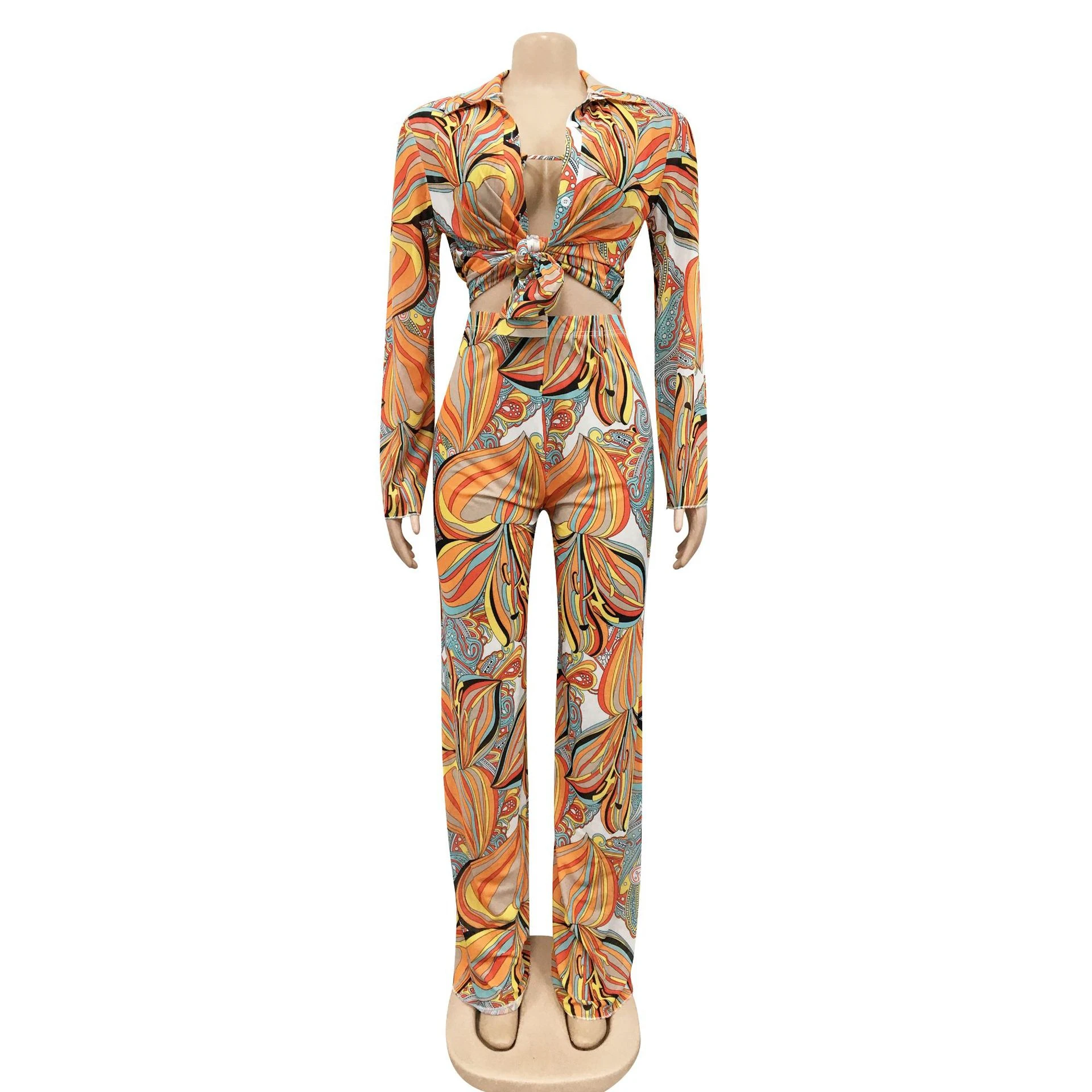 X51162 bra and top and pants sexy fashion long sleeve mesh printed women 3 piece set clothing