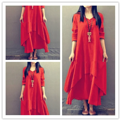 HKRED RTS Wholesale Lady Solid Color Long Sleeve Cotton Korean Maxi Women Linen Dress With Plus Size Casual Dresses