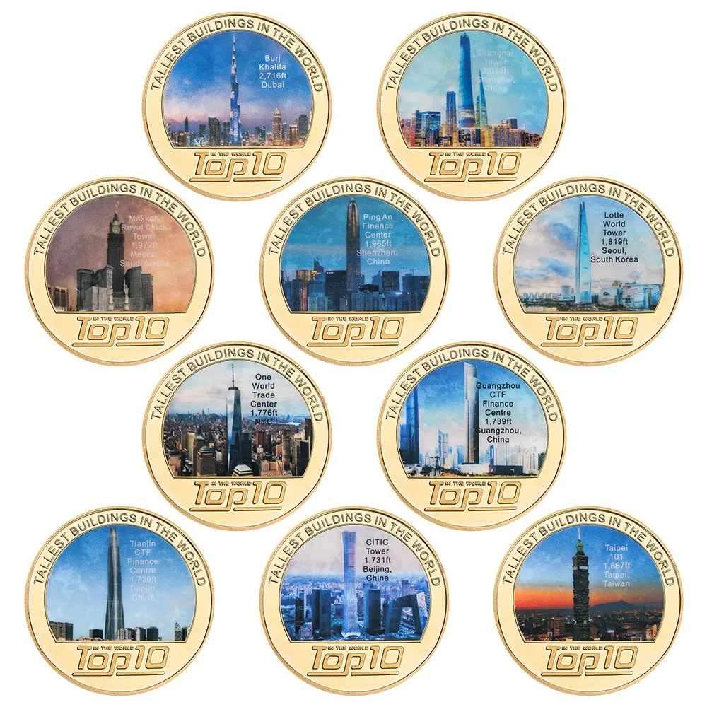 Wholesale 10PCS Top Tallest Buildings in the World Gold Plated Zinc Alloy Metal Commemorative Coins Set for Collection