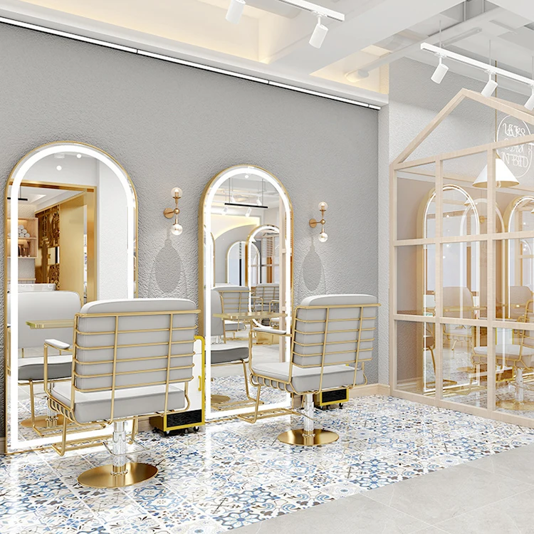 Gold Frame Salon Hairdressing Furniture Led Lamp Single Double Side Mirror Standing Wall Mounted Salon Furniture