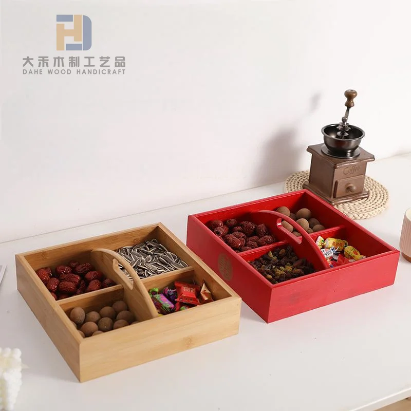 Food Grade Smooth Wooden Compartment Serving Tray Melon Seeds Candy Nut Storage Wood Box Solid Dried Fruit Boxes